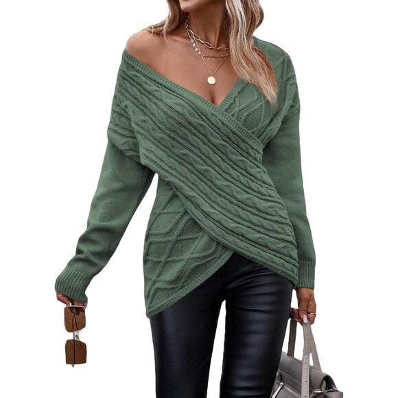 Sweaters - Womens Knit Sweater V Neck Long Sleeve Cross Wrap Casual Fall Winter Top